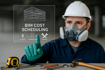 Construction worker uses a touch screen for the concept of Construction and technology.