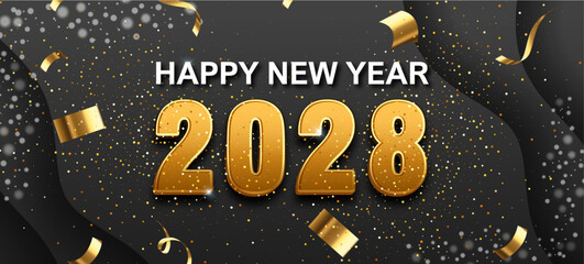 Happy New Year 2028 written in luxurious 3D gold lettering, sparkling with sharp glitter on a black surface. Glamorous studio lighting highlights metallic shine, celebration, and elegance.
