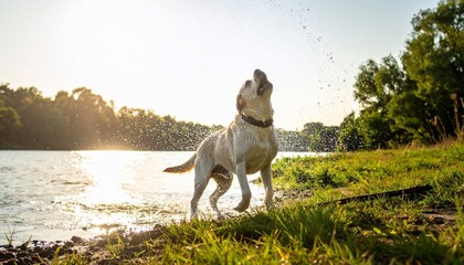 Labrador dog shakes off water near a lake at sunset, creating a splash