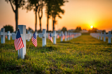 Empty military cemetery at sunset with rows of white crosses and flags marking each grave