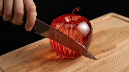 A close-up of a hand holding a knife slicing an apple that looks like transparent glass on a wooden board. An apple made of glass that is extremely realistic and beautiful, resembling a translucent re