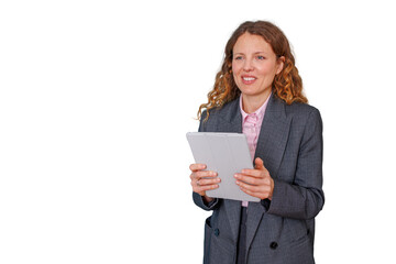 Fototapeta premium Businesswoman holding digital tablet, working with modern technology, smiling, looking away on transparent background