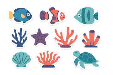 Fototapeta premium Cute Cartoon Underwater Sea Creatures and Coral Stickers