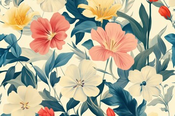 Obraz premium Vibrant floral pattern with pink, yellow, and white flowers on a cream background with green leaves and stems, botanical design