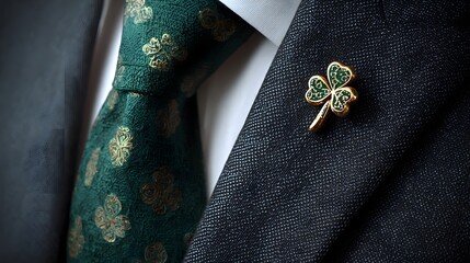 Elegant green tie with gold shamrock pattern and matching lapel pin