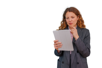 Businesswoman standing, looking at digital tablet, thinking about data analysis and communication, transparent background