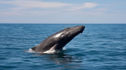Fototapeta premium A humpback whale breaches majestically from the blue ocean waters under a clear sky