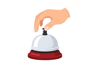 Hand pressing a silver bell on a red base against white background