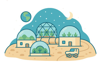 Alien planet settlement with biodomes and rover © icon_art