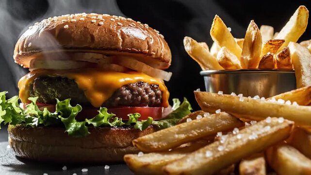 Delicious burger and fries with fresh ingredients and smoke effect