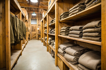 Interior view of barracks with neatly arranged beds and folded blankets in a military setting