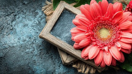 Color-pop flat lay empty blackboard wooden frame on light blue wall with pink gerbera, large left copy space for daily deal, restaurant menu or e-commerce promo hero, high-res