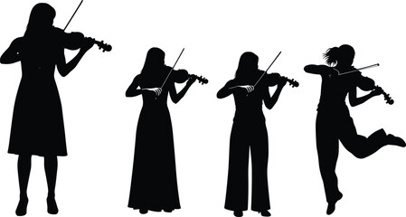 Set of female violinists silhouettes, woman playing violin in different poses including standing and jumping, musical performer vector illustration on white background. © MDRAZIURRAHMAN