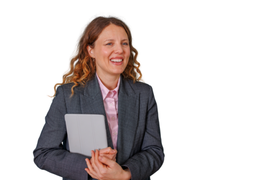 Business woman smiling, holding a tablet on transparent background, symbolizing professionalism, technology, and success - Powered by Adobe