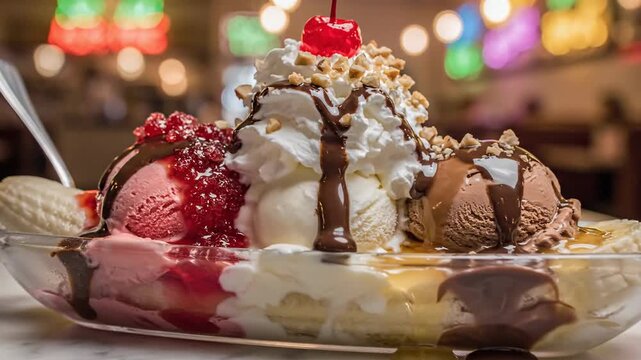 Delicious ice cream sundae with whipped cream and cherry dessert