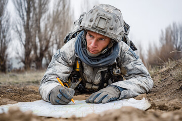 Engineer soldier studies map and marks route in field during training session in outdoor area