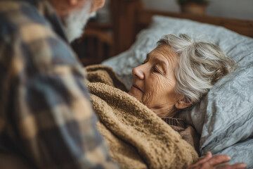 Family member adjusts blanket on senior in cozy bedroom environment during afternoon rest