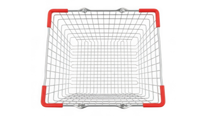 Top view of empty metal shopping basket with red plastic handles isolated on transparent background