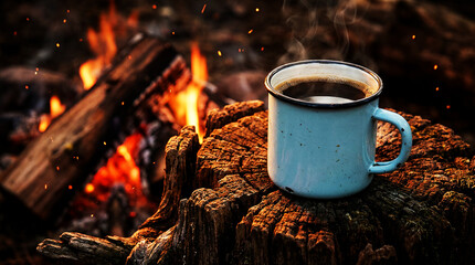Hot Coffee Mug on Tree Stump Near Campfire, Outdoor Adventure and Camping Lifestyle, Rustic Nature Scene, Warm Drink in Cold Evening, Survival and Wilderness Concept