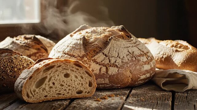 Freshly baked bread loaves with steam and texture in natural light