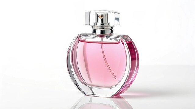 Luxurious pink perfume bottle with silver cap on white