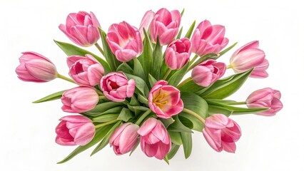 Vibrant pink tulips bouquet on white background