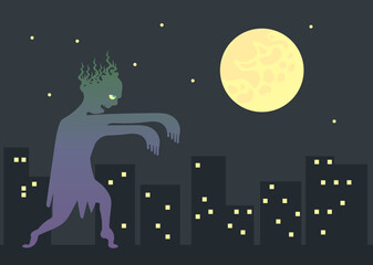Zombie or Ghost Walking in City Street at Night with Full Moon - Spooky Halloween Vector Illustration