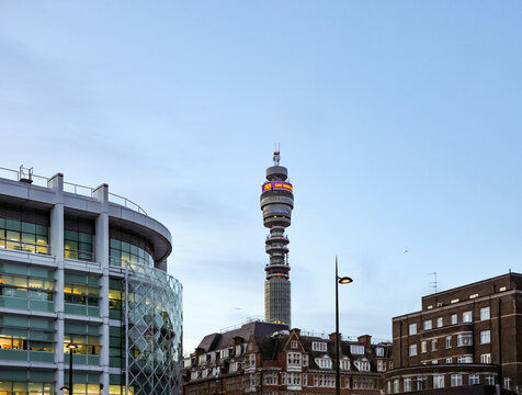 London, England, UK December 19, 2025: BT Tower standing tall above buildings in London Fitzrovia at dusk