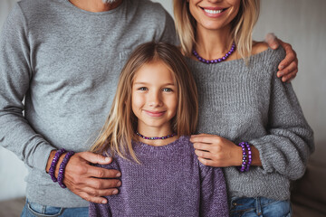 Family stands together at home wearing matching necklaces during a casual day in the living room