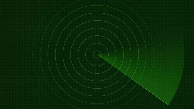 Green radar screen with spinning sweep against a dark digital circuit board background grid, tracking system concept, surveillance, cyber security, technology, Motion graphics of radar concept.