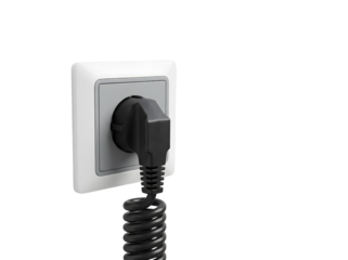 a white electrical socket with a black power plug and cord inserted, set against a plain white background.