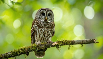 Barred owl perched on a mossy branch, with blurred green foliage in the background