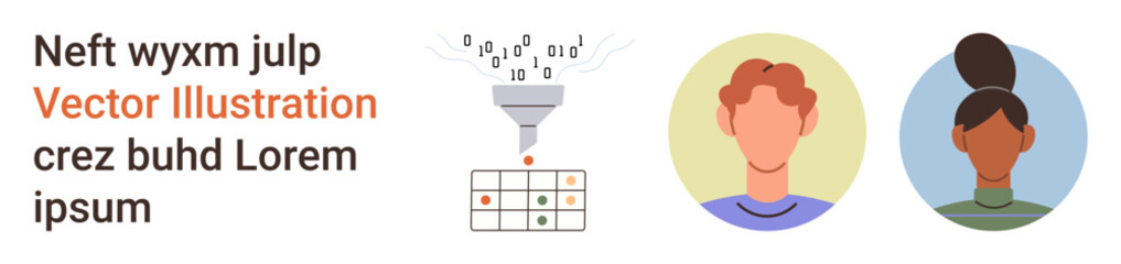 Data processing, user profiles, digital analytics, identity management, information sorting, personalization. Funnel filtering data points and two user avatars. Data processing and user profiles © robu_s