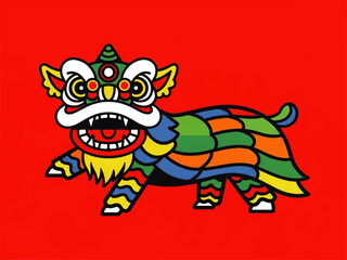 Obraz premium A colorful Flat Design Ilustration Vector of a lion dance creature with a vibrant, multicolored body and a fierce expression on a red background.