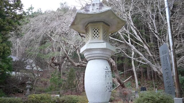 Stone lantern detail in Hachimangu Shrine Hakodate Japan. Close up