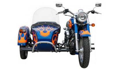 Custom blue and orange motorcycle with sidecar isolated on transparent background