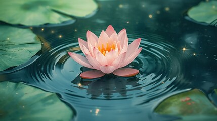 A hand-drawn animation of a lotus flower floating on a temple pond.
Soft ripples painted with watercolor,
fireflies as tiny glowing dots,
slow drifting motion like a traditional animated background lo