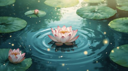 A hand-drawn animation of a lotus flower floating on a temple pond.
Soft ripples painted with watercolor,
fireflies as tiny glowing dots,
slow drifting motion like a traditional animated background lo