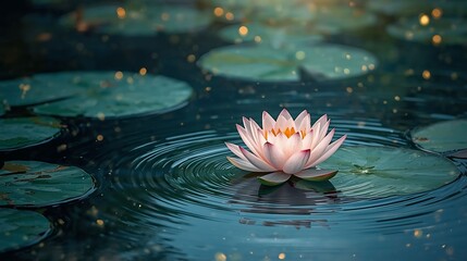 A hand-drawn animation of a lotus flower floating on a temple pond.
Soft ripples painted with watercolor,
fireflies as tiny glowing dots,
slow drifting motion like a traditional animated background lo