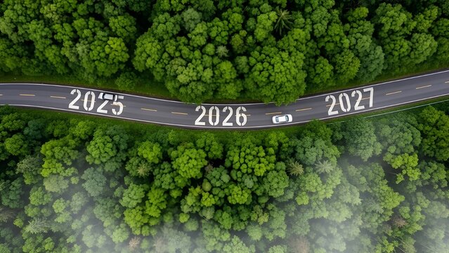 Aerial top view road in forest with car to start the new year 2026 Goal plan action, Business target and growth strategy. Business annual plan and development for achieving goals and success.
