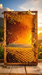 Honeycomb frame set against a scenic backdrop of mountains and sunset