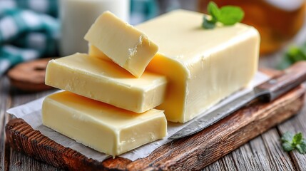 Creative flat lay butter cubes arranged as flower on white paper aged wood gingham, light wood surface, knife tip pointing center, bottom copy space for promo price, butter sale hero or cooking class 