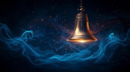 Mystical Golden Bell with Ethereal Horse Spirits in a Cosmic Sky
