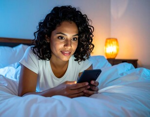 Woman with curly hair using her phone in bed at night
