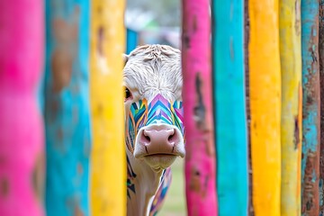 A curious cow peeking through a colorful wooden fence, its body stylized in bold geometric patterns. The surrounding environment is soft-focused to emphasize the cow's playful expression.