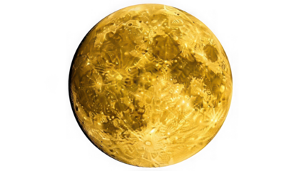 Detailed view of a golden yellow full moon isolated on transparent background