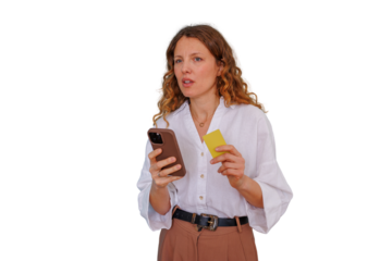 Woman focusing on smartphone and credit card, experiencing confusion during an online shopping or banking transaction, isolated on transparent background