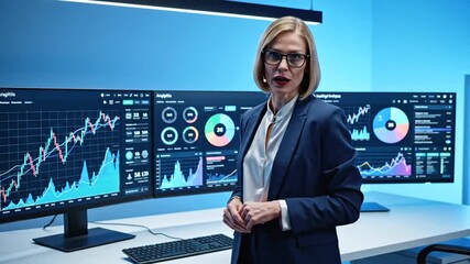 Confident female financial analyst presenting data insights in a modern office with multiple screens displaying charts and graphs.