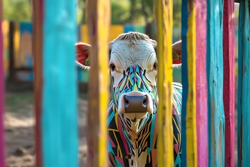A curious cow peeking through a colorful wooden fence, its body stylized in bold geometric patterns. The surrounding environment is soft-focused to emphasize the cow's playful expression.
