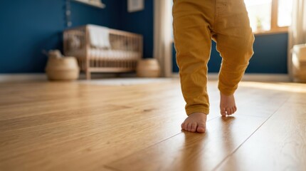 Fototapeta premium ultra photorealistic cropped image of small bare children’s feet walking on a clean light oak floor.concept of purity and hygiene in a child’s environment.